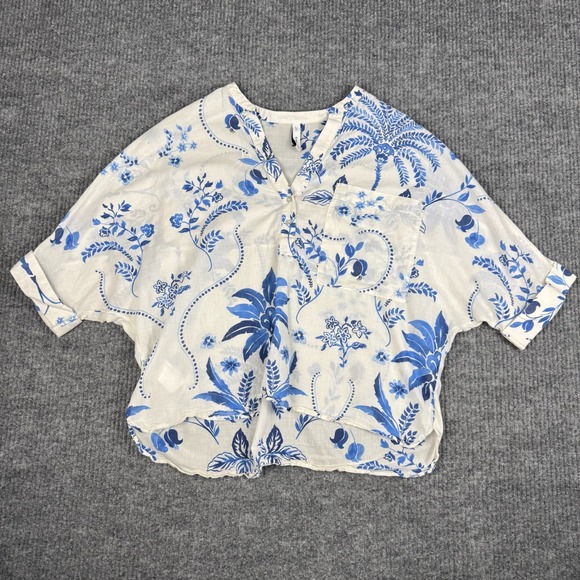 Mango Tops - Mango MNG Popover Blouse Womens 8 Floral Cotton Short Sleeve Cottage Coastal